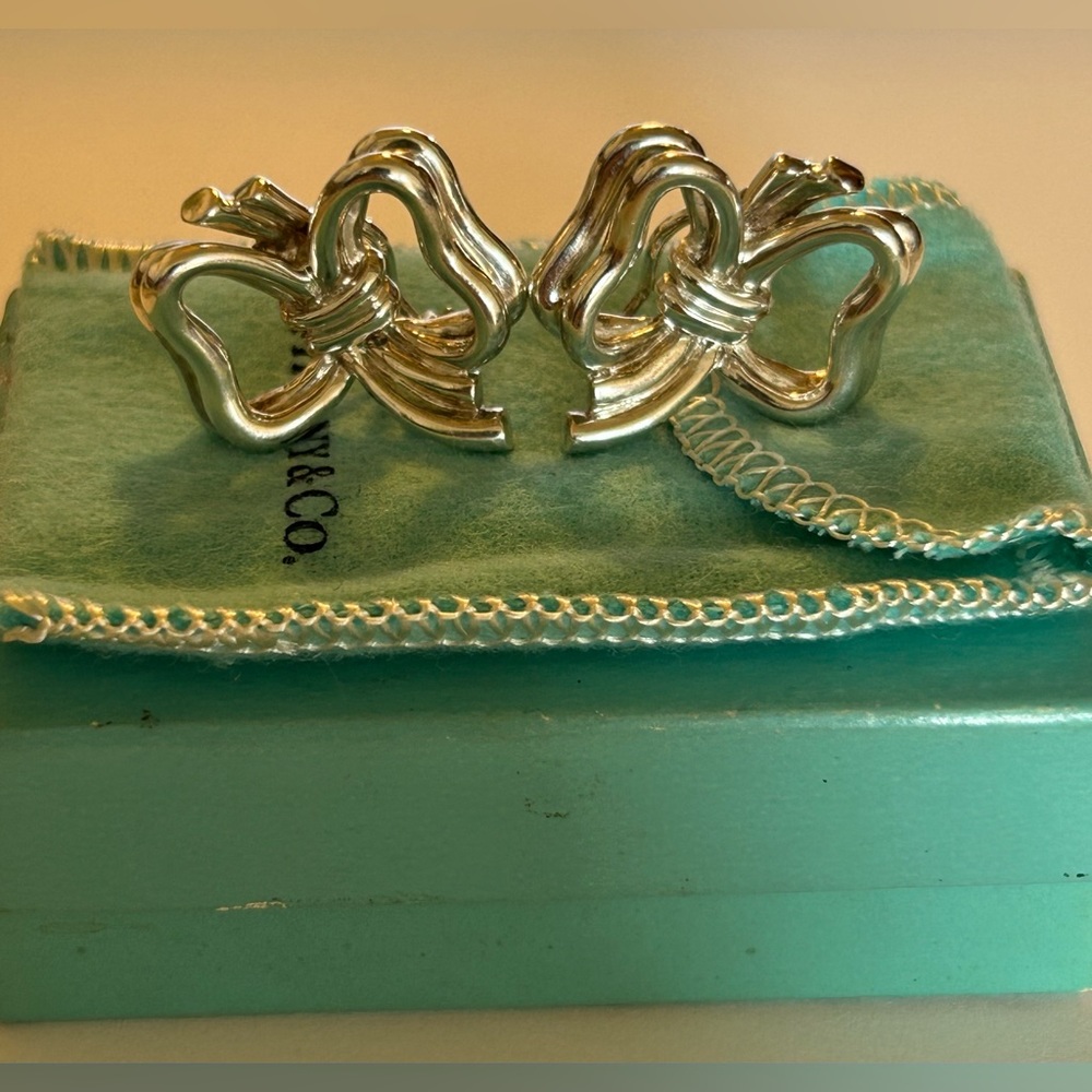 Tiffany & Co. 1984 Large Ribbon Bow Knot Pierced Clip On Omega Earrings 925 SS